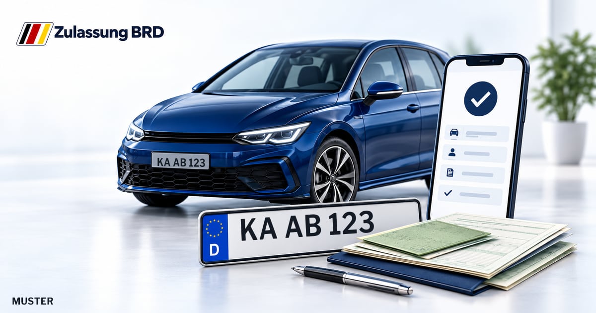Online Fahrzeugzulassung in Karlsbad: Musterkennzeichen KA AB 123, Auto und Fahrzeugpapiere und Smartphone. Illustration mit Logo von Zulassung BRD.